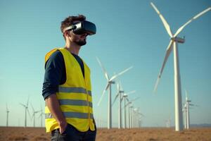 construction worker with outfit wearing VR headset with wind turbine in background photo