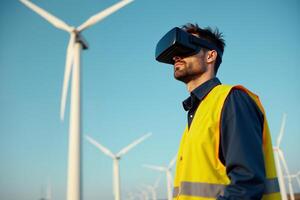 construction worker with outfit wearing VR headset with wind turbine in background photo