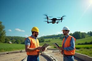 construction worker with outfit holding smart mobile tablet and flying drone photo