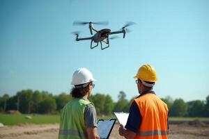construction worker with outfit holding smart mobile tablet and flying drone photo