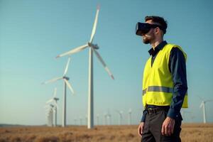 construction worker with outfit wearing VR headset with wind turbine in background photo