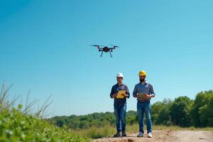 construction worker with outfit holding smart mobile tablet and flying drone photo