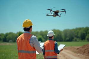 construction worker with outfit holding smart mobile tablet and flying drone photo