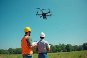 construction worker with outfit holding smart mobile tablet and flying drone photo