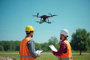 construction worker with outfit holding smart mobile tablet and flying drone photo