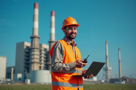 construction worker with outfit holding smart mobile tablet with factory building in background photo