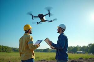 construction worker with outfit holding smart mobile tablet and flying drone photo