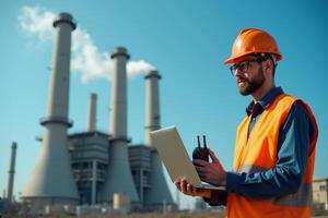construction worker with outfit holding smart mobile tablet with factory building in background photo