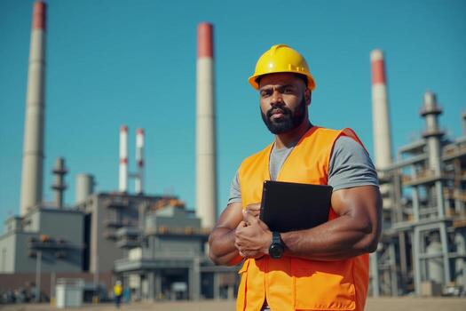 construction worker with outfit holding smart mobile tablet with factory building in background photo