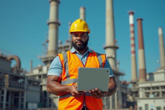 construction worker with outfit holding smart mobile tablet with factory building in background photo