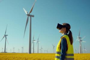 construction worker with outfit wearing VR headset with wind turbine in background photo