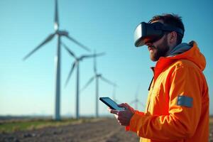 construction worker with outfit wearing VR headset with wind turbine in background photo