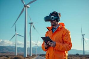 construction worker with outfit wearing VR headset with wind turbine in background photo