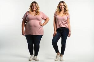 chubby overweight woman standing on white background photo