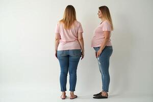 chubby overweight woman standing on white background photo