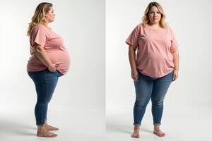 chubby overweight woman standing on white background photo