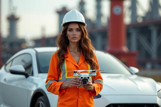 construction worker woman standing with drone and car and factory in background photo