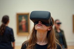 person wearing headset VR virtual reality standing in museum photo