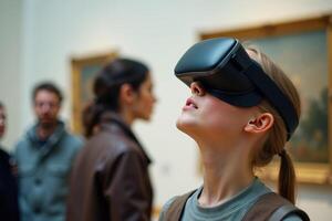 person wearing headset VR virtual reality standing in museum photo