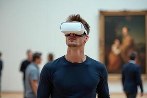 person wearing headset VR virtual reality standing in museum photo