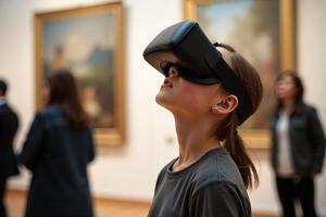 person wearing headset VR virtual reality standing in museum photo