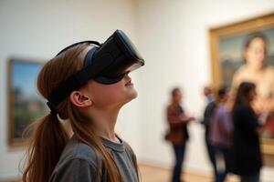 person wearing headset VR virtual reality standing in museum photo