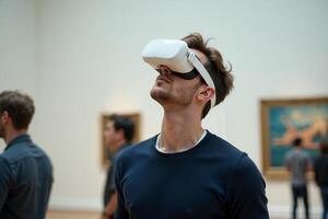 person wearing headset VR virtual reality standing in museum photo
