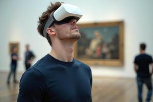 person wearing headset VR virtual reality standing in museum photo
