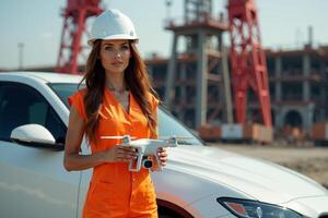 construction worker woman standing with drone and car and factory in background photo