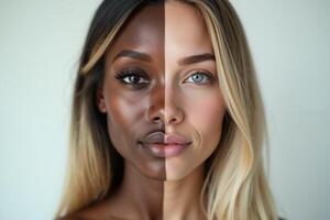close up of woman person face with different color of skin white and black photo