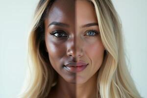 close up of woman person face with different color of skin white and black photo