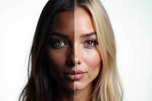 close up of woman person face with different color of skin white and black photo
