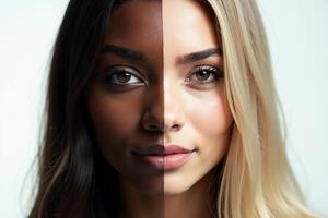 close up of woman person face with different color of skin white and black photo