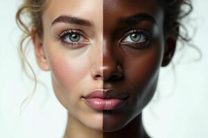 close up of woman person face with different color of skin white and black photo