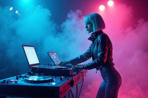 D.J. woman standing in concert hall with smoke and colorful light enjoy music festival photo