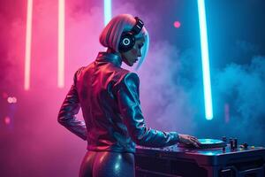 D.J. woman standing in concert hall with smoke and colorful light enjoy music festival photo