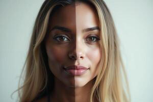 close up of woman person face with different color of skin white and black photo