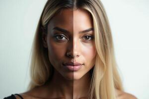close up of woman person face with different color of skin white and black photo