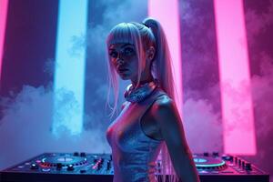 D.J. woman standing in concert hall with smoke and colorful light enjoy music festival photo