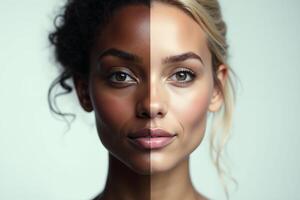close up of woman person face with different color of skin white and black photo