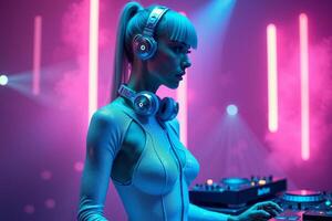 D.J. woman standing in concert hall with smoke and colorful light enjoy music festival photo
