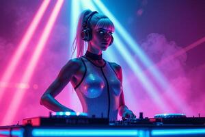 D.J. woman standing in concert hall with smoke and colorful light enjoy music festival photo