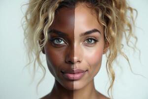 close up of woman person face with different color of skin white and black photo