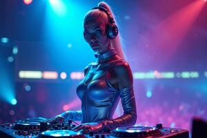 D.J. woman standing in concert hall with smoke and colorful light enjoy music festival photo