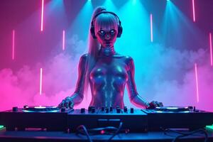 D.J. woman standing in concert hall with smoke and colorful light enjoy music festival photo