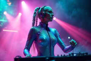 D.J. woman standing in concert hall with smoke and colorful light enjoy music festival photo