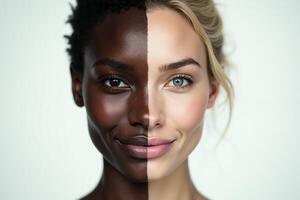 close up of woman person face with different color of skin white and black photo