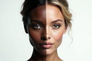 close up of woman person face with different color of skin white and black photo