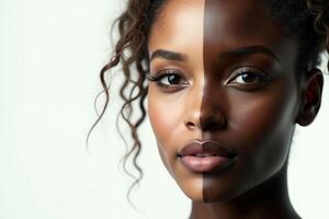 close up of woman person face with different color of skin white and black photo