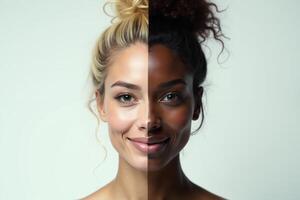 close up of woman person face with different color of skin white and black photo